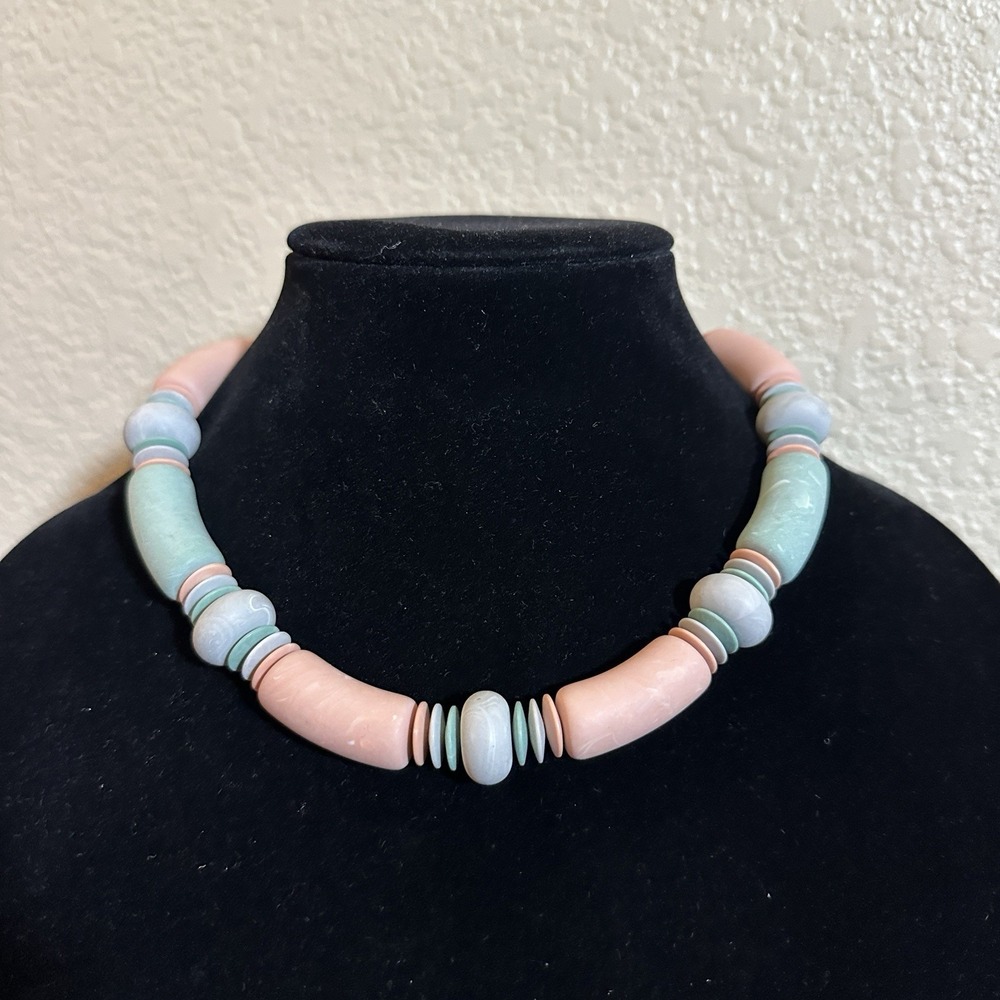 Avon Necklace Bracelet Vintage Marbled Peach Mint Geometric Chunky Beach